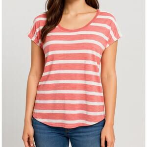 Tyche Womens M Pink White Striped Short Cap Sleeve Shirt Lace Back